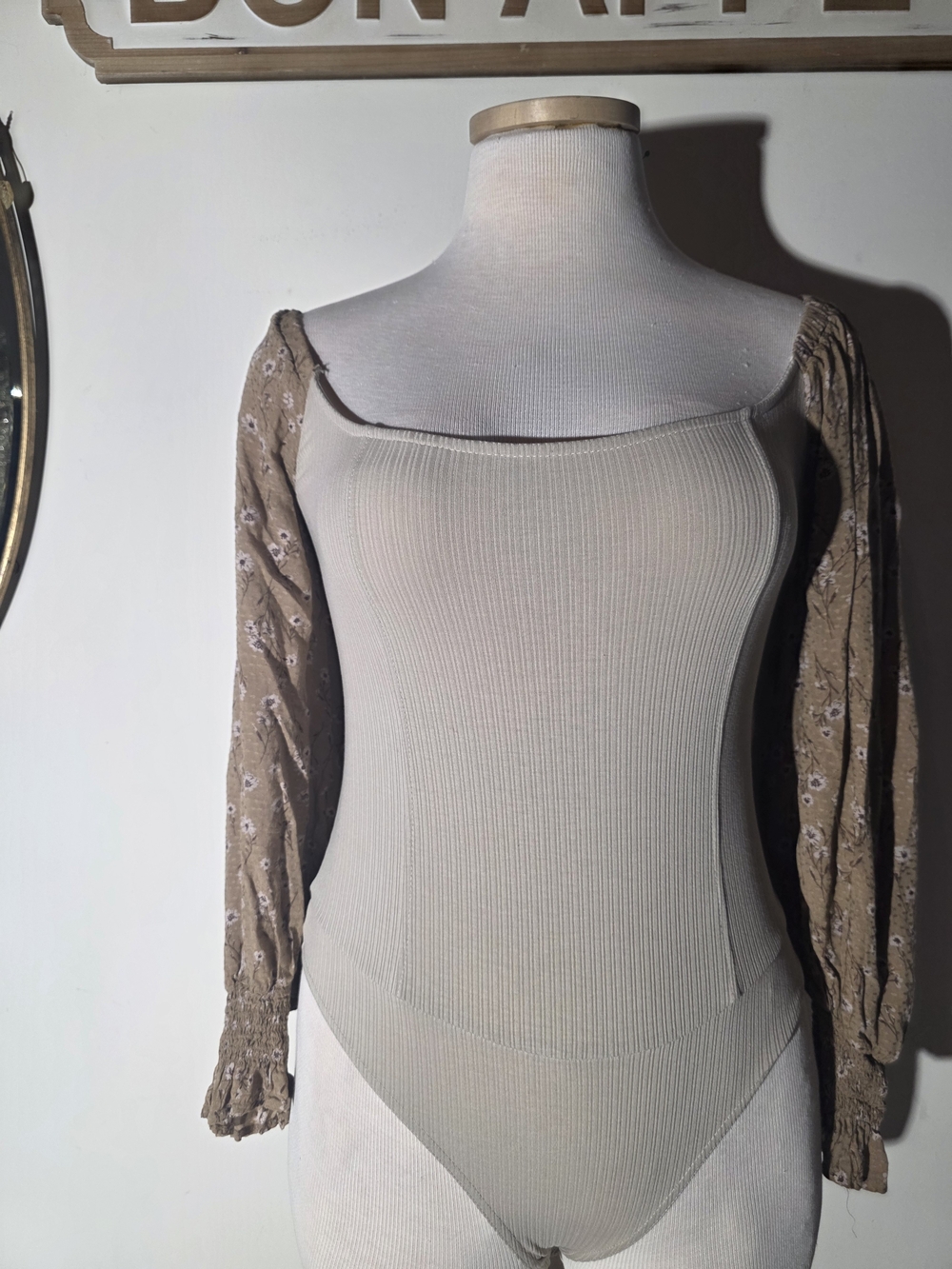 Promesa Beige Ribbed Square-Neck Bodysuit with Floral Brown Sleeves